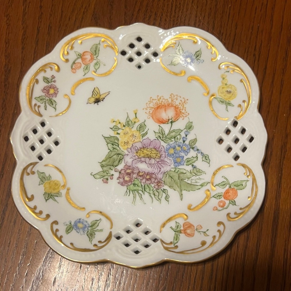 Vintage Floral Reticulated German Plate Hand Painted Signed Gold Trim Butterfly
